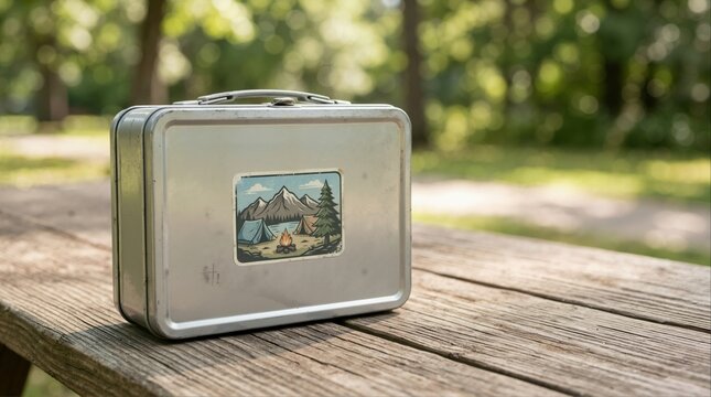 Metal lunchbox with camping sticker on wooden picnic table outdoors. Vintage steel container on bench in park