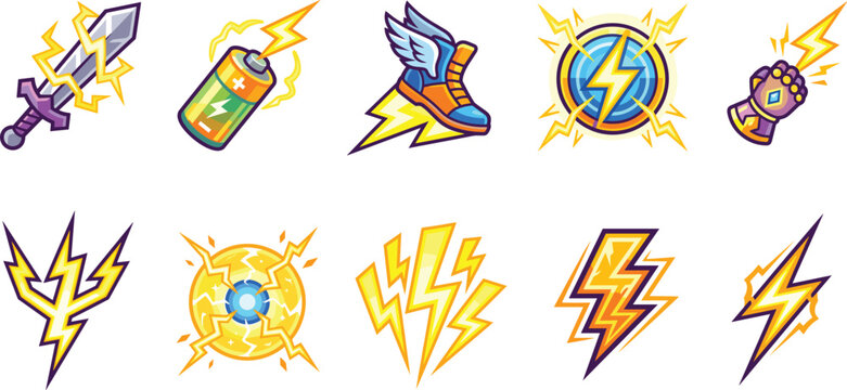 Colorful Gaming Magic Power Asset Set with Electric Lightning Bolt Sword Battery Winged Shoe and Gauntlet Graphic Designs