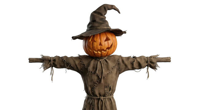 A spooky halloween scarecrow with a carved pumpkin head and witch's hat isolated on transparent background