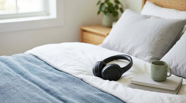 Black noise canceling headphones on white bed duvet. Over-ear wireless headphones with books and mug in bedroom
