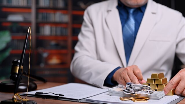 Corrupt lawyer handling cash, gold bars, handcuffs in bribery investigation corruption evidence showcases financial corruption, highlighting corporate bribery amid legal corruption.