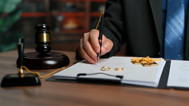 Attorney signs legal agreement detailing asset division, executing official divorce settlement papers beside legal gavel as formal settlement resolves marital property settlement.