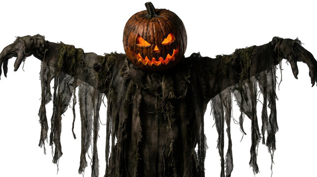 A spooky and eerie halloween scarecrow with a glowing jack o' lantern head isolated on transparent background