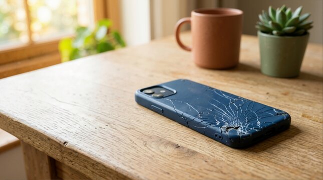Smartphone in a severely cracked blue protective case resting on a wooden table. Damaged mobile phone back cover and electronics repair concept