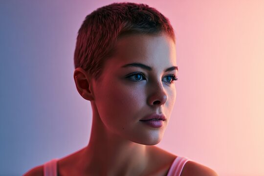 Young woman with short hair gazes thoughtfully against a vibrant backdrop, showcasing magenta, cyan, and coral hues, perfect for beauty concept visuals