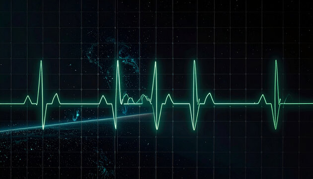 Abstract Neon Green Heartbeat EKG Line Pulsating on a Dark Grid Background with Cosmic Nebula Elements
