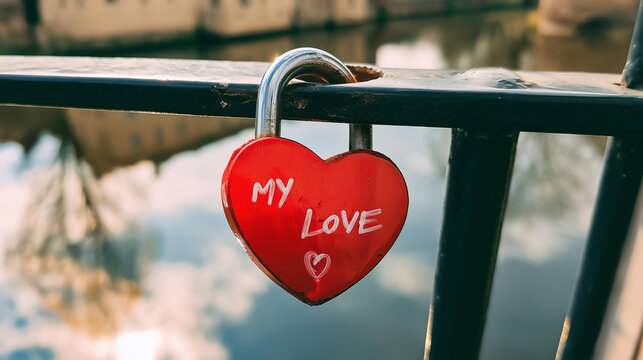A red heart-shaped padlock is attached to a black metal railing, featuring the white text "MY LOVE" and a small heart drawing on its surface.