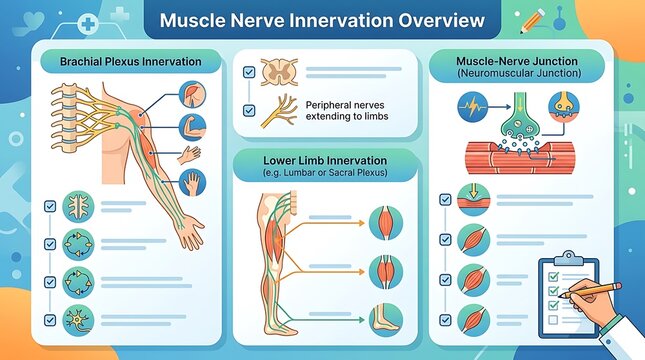 Muscle nerve innervation medical infographic with anatomical charts