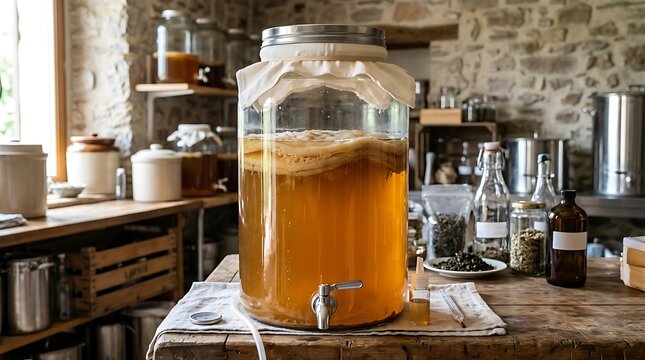 Large glass jar fermenting kombucha with scoby in a rustic kitchen