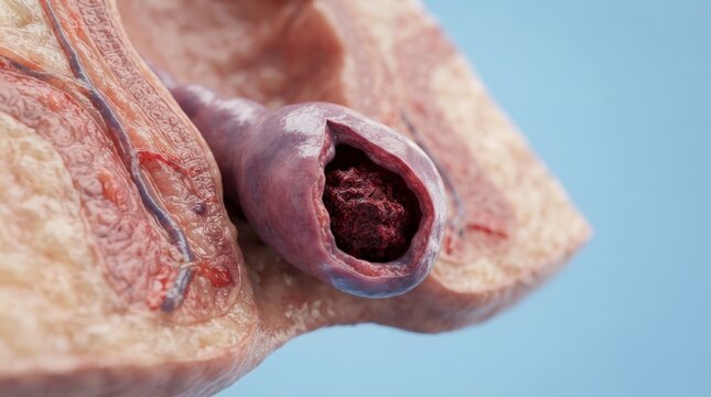 Detailed medical render of an external thrombosed hemorrhoid containing a dense blood clot.