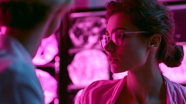 Young woman wearing glasses gazes thoughtfully into the distance, illuminated by vibrant pink lighting, creating a modern and stylish portrait concept