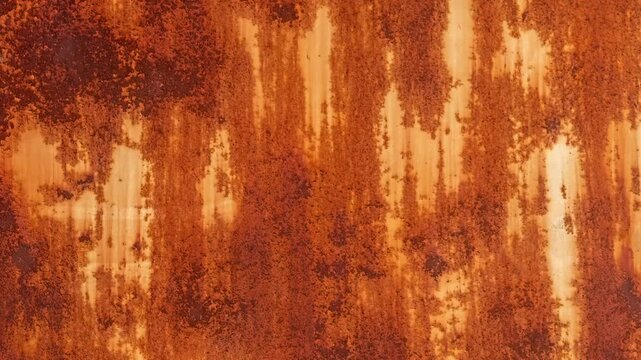 Seamless rotating loop of a weathered rusty metal surface texture, featuring corroded steel plates, flaky orange iron oxide, and grungy industrial decay patterns.