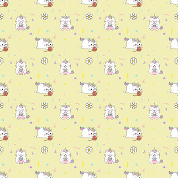 Cute caticorn playing with yarn ball and eating cupcake seamless pattern vector