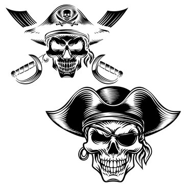 Pirate Skull Emblem: A menacing pirate skull with a tricorn hat and crossed cutlasses, paired with a second skull in a similar hat, evokes adventure and danger with a classic tattoo art style.