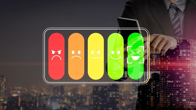 Colorful Battery Indicator Showing Emotions and Satisfaction with City Skyline in Background, Business Concept of Feedback and Evaluation Gluon.