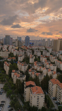 A city skyline at sunset