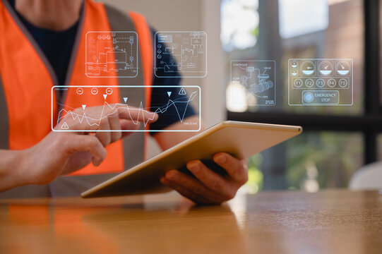 Foreman or engineer using tablet working at construction site Quality control, maintenance, check in factory, warehouse Workshop for factory operators