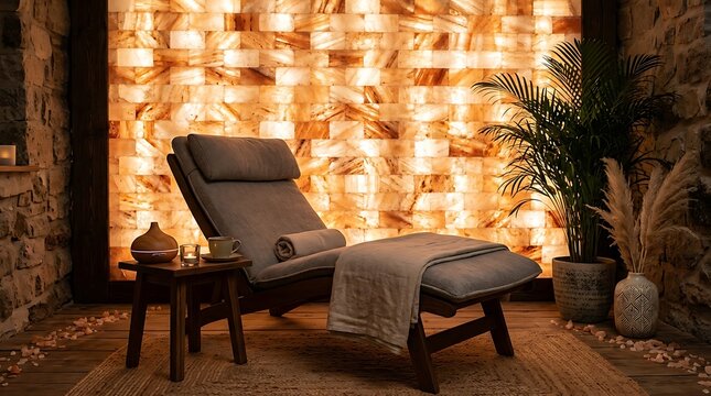 Relaxing salt room interior with glowing himalayan brick wall