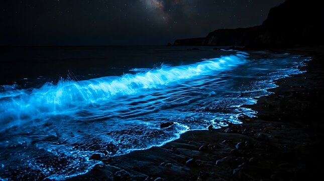 Bioluminescent glowing waves crashing on a dark beach at night