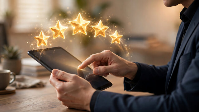 Conceptual Image of a Person Using a Tablet for Rating Products with Golden Stars in a Cozy Setting
