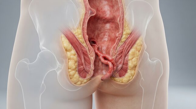 Anatomical visualization of an anal fistula and its abnormal tunnel through the sphincter muscle for clinical diagnostics.