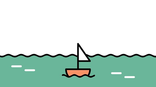 Small sailboat floating calmly on teal ocean water with gentle waves drawn around it in a flat vector seascape icon design projects presentations