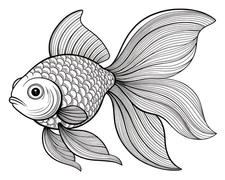 Black and white illustration of a goldfish swimming