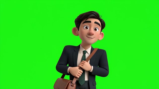 Animated businessman in a suit smiling and adjusting his shoulder bag on a green screen background, professional office worker character for chroma key business video editing