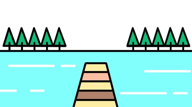 River or lake scene featuring a striped stone bridge crossing between two tree lined banks in flat vector icon style design digital presentations