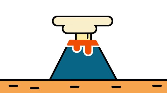 Erupting volcano with orange lava flowing down a blue mountain slope over cracked orange terrain in flat vector icon design digital presentations