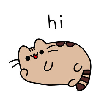 Cute chubby cat lying down saying hi vector icon.
