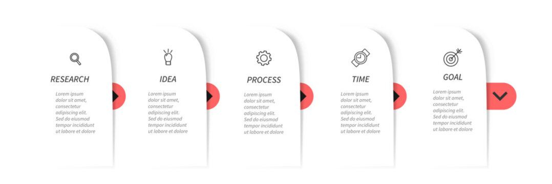 Modern 5 steps connected arched cards layout with line icons red arrow links and text placeholders vector illustration