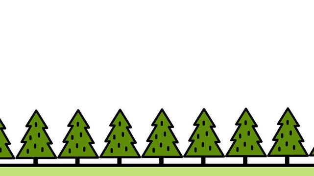 Dense pine forest with many tall dark green evergreen trees standing under a bright yellow sun in flat icon illustration for modern presentations