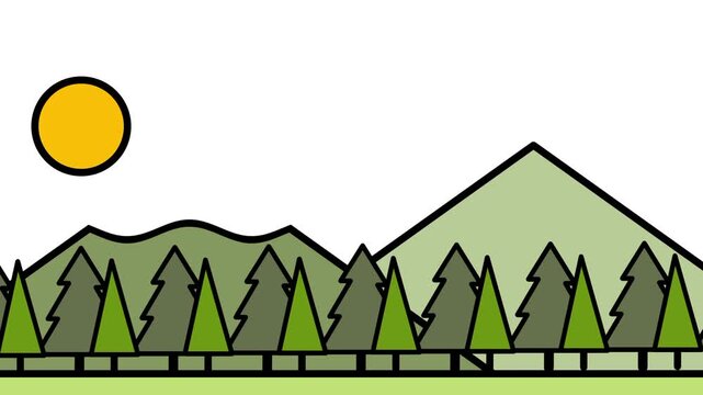 Layered forest and mountain landscape with the sun rising softly over distant green hills in flat vector icon style design projects presentations