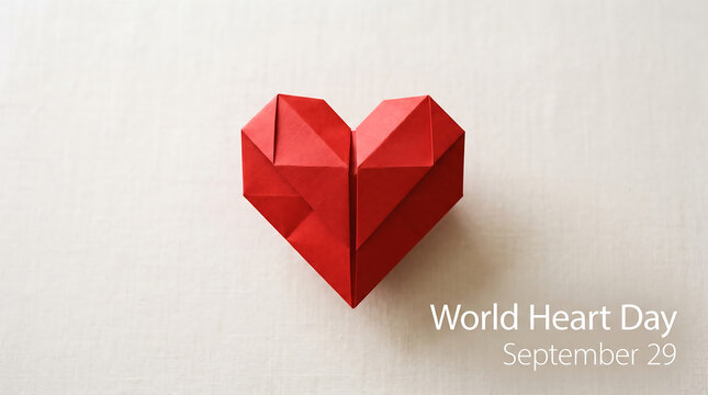 World Heart Day Red Origami Paper Sculpture Concept, Geometric 3D Paper Love Heart Symbol, September 29 Health Awareness