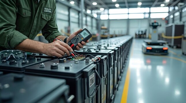 Technician Testing Industrial Battery Packs with Multimeter in Factory