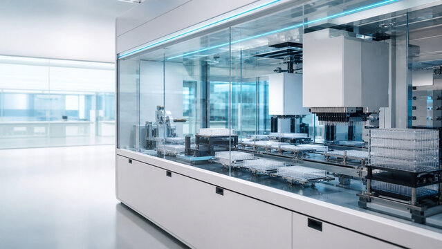 Advanced robotic automation system handling sample trays inside a bright, glass-enclosed pharmaceutical or biotechnology laboratory.