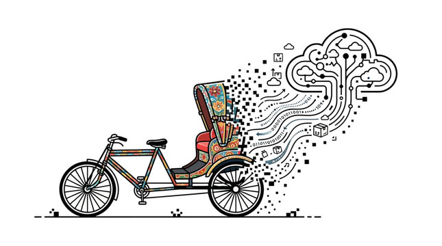 Colorful rickshaw vector illustration transforming into digital cloud networking lines on a clean white background design