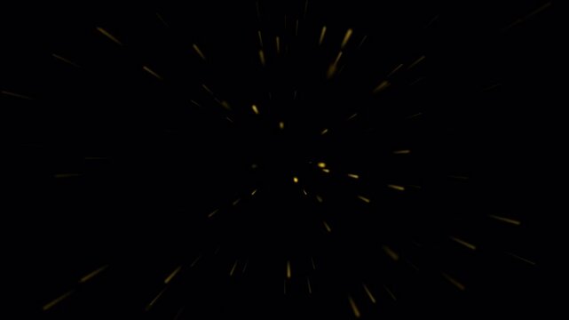 Golden glowing particles burst outward from the center, creating a dynamic explosion and energy effect on black background with alpha channel and seamless loop
