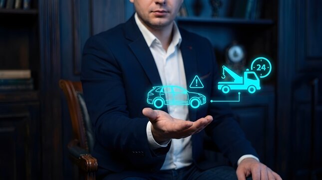 Businessman holding virtual tow truck assistance hologram representing 24/7 roadside emergency help