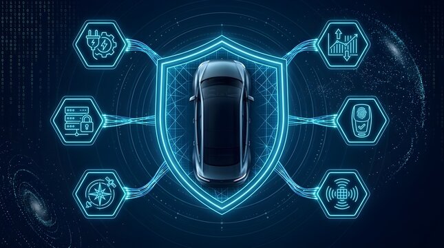 Cybersecurity Concept Illustration Featuring Digital Shield Protecting An Autonomous Electric Vehicle With Connected Data Network Icons