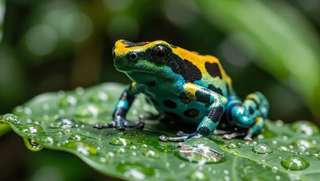 Yellow and blue frog on a wet green leaf.