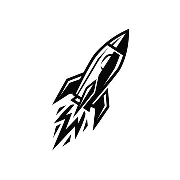 Sleek rocket vector with stylized exhaust flames and sharp black lines, concept for business launch, rapid growth and innovation, ideal for tech branding, logo design and corporate presentations