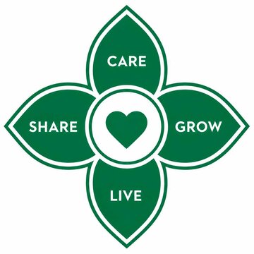 Green floral badge with heart icon and text for sustainability and community concepts