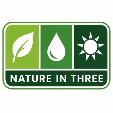 Green nature badge with leaf water drop and sun icons for eco friendly branding design.
