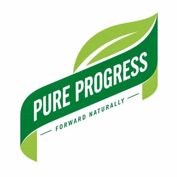 Green leaf ribbon badge with Pure Progress text for eco friendly branding and design