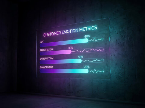 Customer emotion metrics displayed on a glowing glass panel during a business presentation