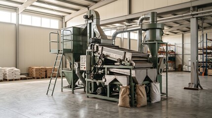 Fototapeta premium Industrial seed cleaning machine in a modern agricultural processing warehouse facility