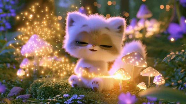 Cute fantasy kitten surrounded by glowing magical mushrooms and sparkling lights in an enchanted forest, adorable whimsical animal character in a dreamy fairy tale scene
