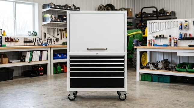 White metal tool cabinet with drawers in a professional agricultural workshop garage
